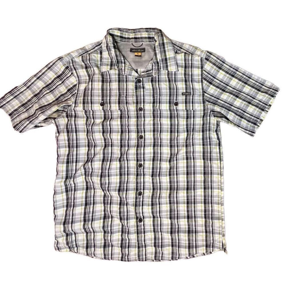 Eddie Bauer Outdoor Vented Hiking Fishing Camping Black White Plaid Shirt MEDIUM